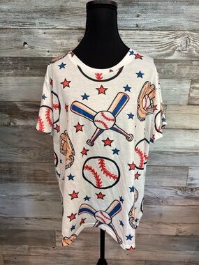 NWT White Short-Sleeve Baseball Graphic Tee with Red & Blue Accents